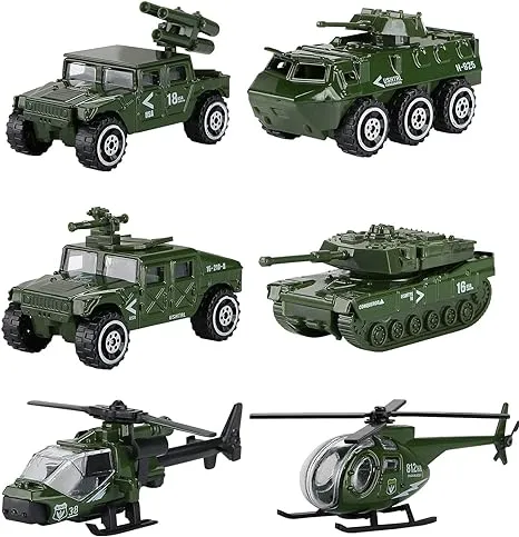 Hautton Diecast Military Toy Vehicles, 6 Pack Alloy Metal Army Toys Model Cars Playset Tank, Panzer, Attack Helicopter, Anti-air Vehicle, Scout Helicopter Gift for Kids Boys Toddlers