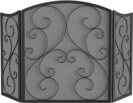 Fire Beauty Fireplace Screen 3 Panel Wrought Iron Black Metal 48 inch(l) x30(H) Spark Guard Cover(Sanded Black)