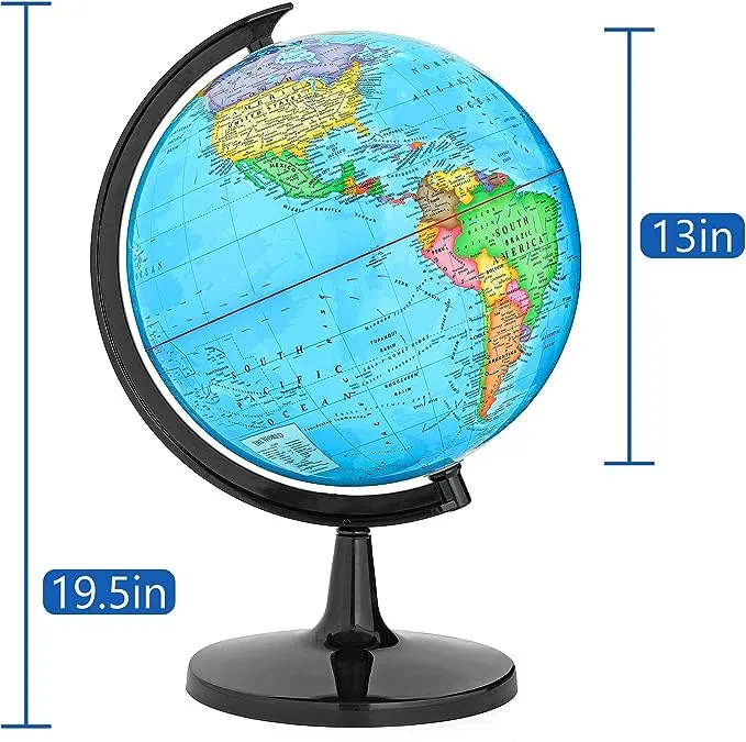 World Globe with Stand, 13" Desk Classroom Decorative Globe for Students & Geography Teachers, 360° Horizontal Rotation, Full Length 19.7 inch World Globe Map with Clear Text Markings, Blue