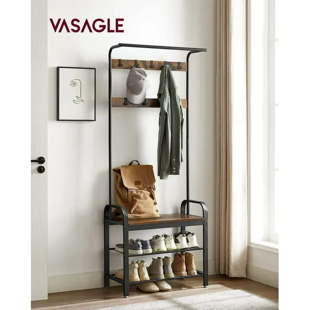 VASAGLE Coat Rack, Hall Tree with Shoe Bench for Entryway, Entryway Bench with Coat Rack, 4-in-1, with 9 Removable Hooks, a Hanging Rod, 13.3 x 28.3 x 72.1 Inches, Rustic Brown and Black UHSR40B