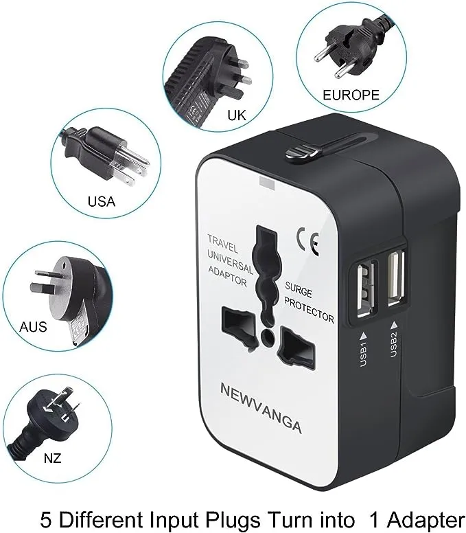 Travel Adapter, Worldwide All in One Universal Travel Adapter Wall Charger AC Power Plug Adapter with Dual USB Charging Ports for USA EU UK AUS, White