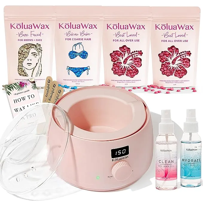 KoluaWax Premium Waxing Kit for Women - Hot Melt Hard Wax Warmer for Hair Removal, Eyebrow, Bikini, Legs, Face, Brazilian Wax - Machine, 4-Pack Beads, Accessories, Sand