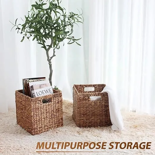 Woven Baskets for Storage (Set of 2) Natural Wicker Hyacinth Storage Basket with Firm Built-in Handles, Multifunction Handwoven Basket for Organizing Kitchen/Bathroom/Laundry Room/Wardrobe/Living Room (11.8''W x 11.8''L x 11.8''H, Set of 2)