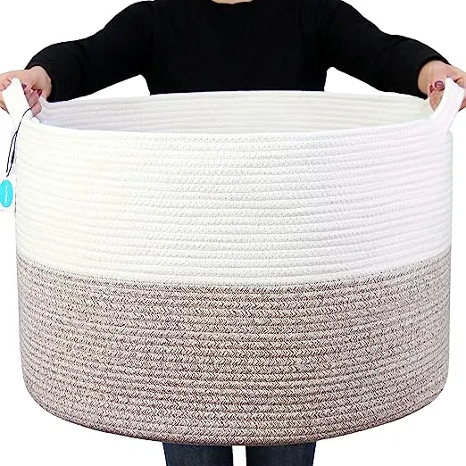 INDRESSME Woven Rope Basket with Handle, XXXLarge, Cotton (21.7" x 21.7" x 13.8") Laundry Hamper For Baby Laundry, Blanket, Toy, Storage Comforter Cushions, Gray