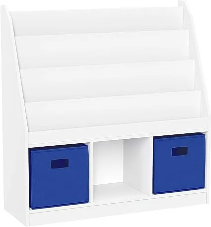 RiverRidge Kids Bookrack with Three Cubbies and 2 Blue Bins