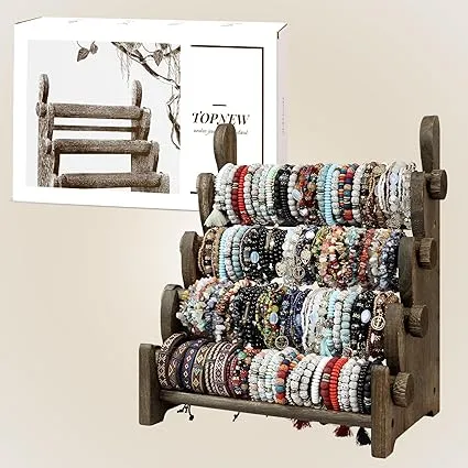  4 Tier Wooden Bracelet Holder, Bangle Watch Necklace Display Storage Jewelry 