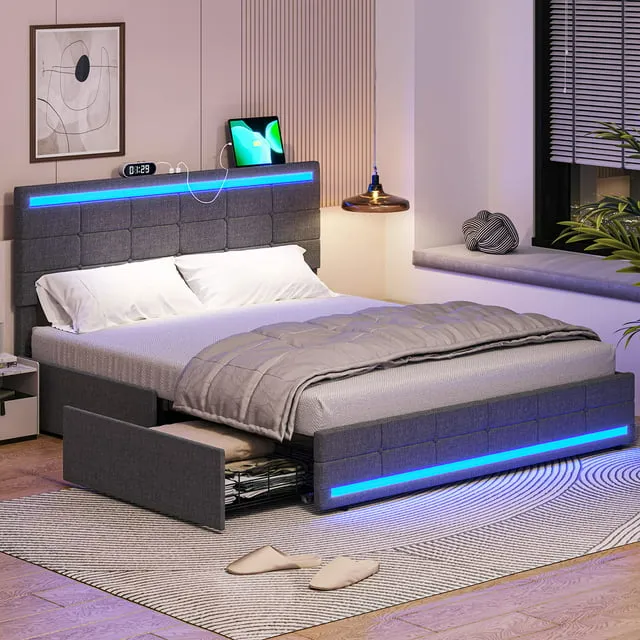 Size Bed Frame LED Upholstered Platform Bed Frame with 4 Drawers and LED Lights Headboard and USB Charging Station