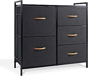 ROMOON Dresser for Bedroom with 5 Drawers, Dresser for Closet, Living Room, Nursery, Chest of Drawers with Sturdy Steel Frame, Fabric Finish, Wood Top, Dark Grey