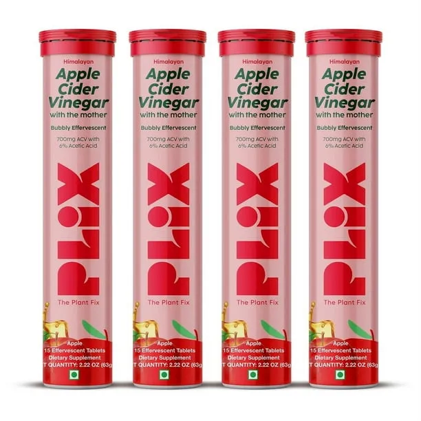 Plix Apple Cider Vinegar Effervescent With Mother | Acv, Vitamin B12 & Vitamin B7| Vegan | Pack of 4, Size: 60 Servings (Pack of 4)