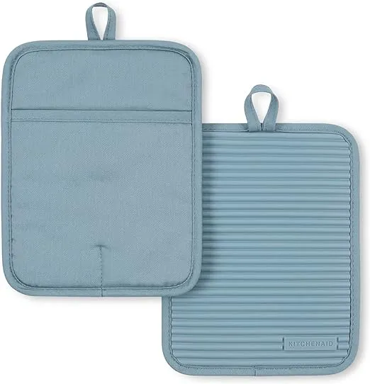 KitchenAid Ribbed Soft Silicone Pot Holder 2-Pack Set, Fog Blue, 7"x9"KitchenAid Ribbed Soft Silicone Pot Holder 2-Pack Set, Fog Blue, 7"x9"