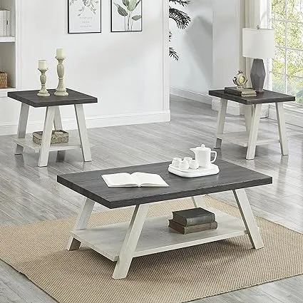 Roundhill Furniture Athens Contemporary 3-Piece Wood Shelf Coffee Table Set, 24D x 48W x 19H in, Charcoal and Gray