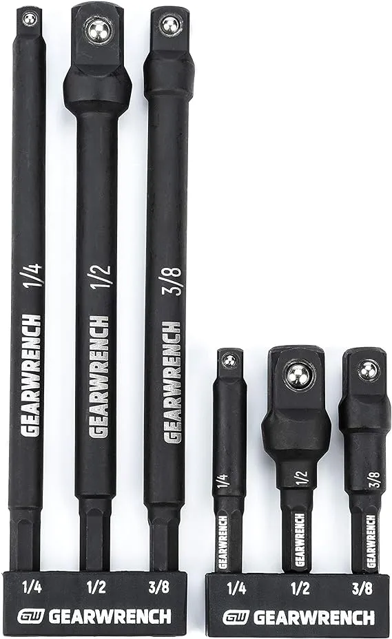 GEARWRENCH 6 Pc 1/4" Drive Hex Shank Impact Socket Extensions - 1/4", 3/8" and 1/2" Drive Sizes - 2-1/2" & 6" Long - 84971A-02