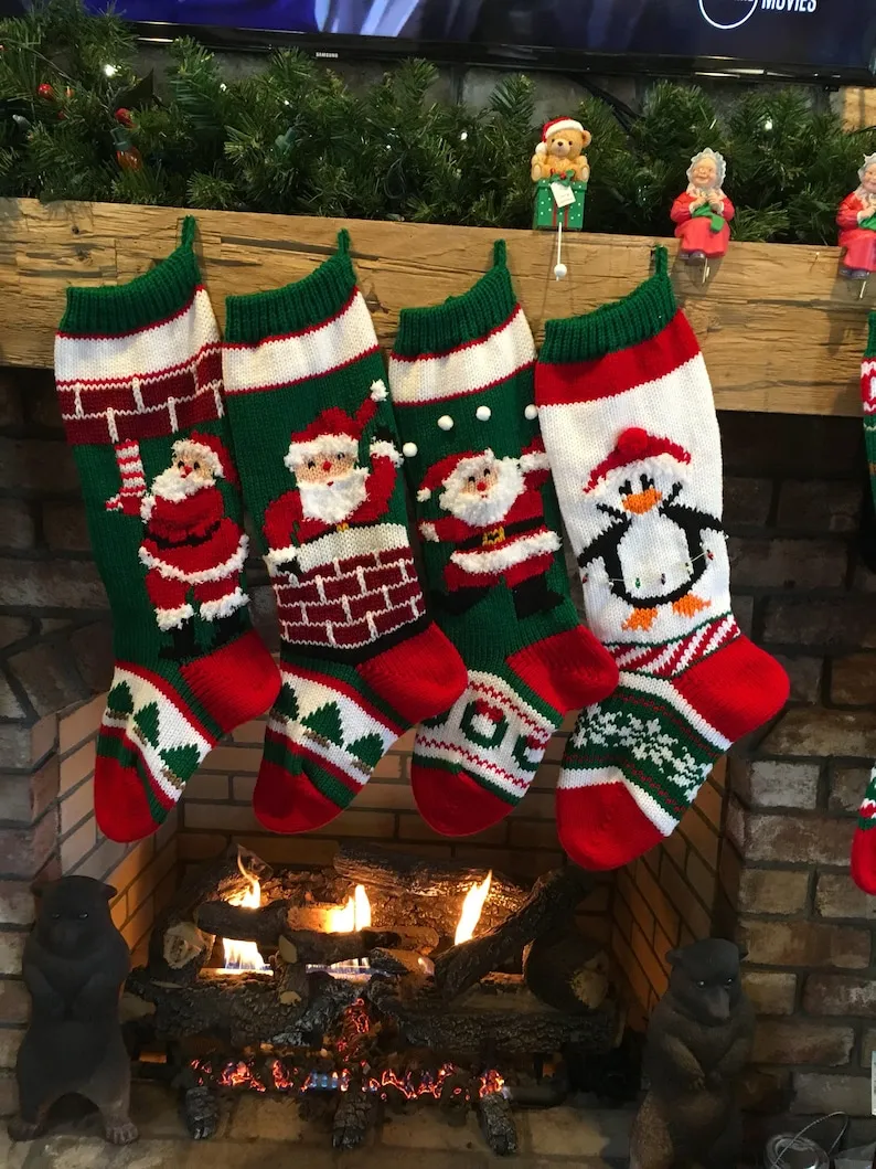 Hand Knit Santa Chimney, Santa with Snowballs, Penguin with Lights Christmas Stockings