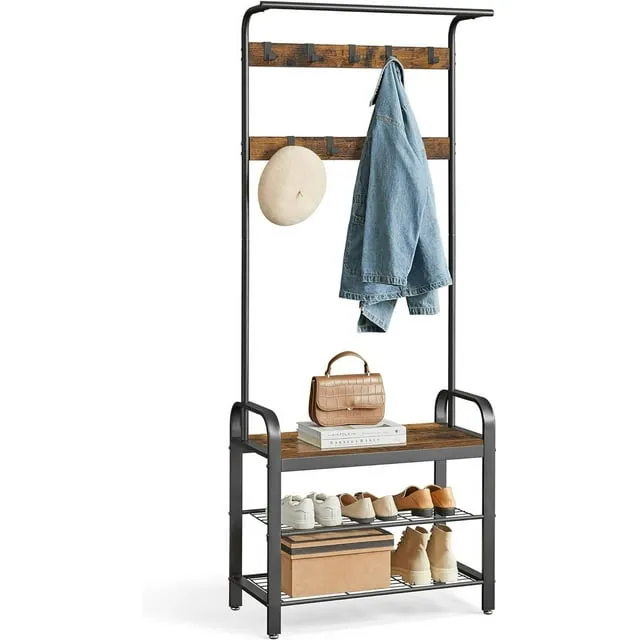 VASAGLE Industrial Coat Rack Shoe Bench, Hall Tree Entryway Storage Shelf