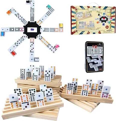 Double 12 Mexican Train Dominoes Set for Adults with 8pcs Wooden Trays, 9... 