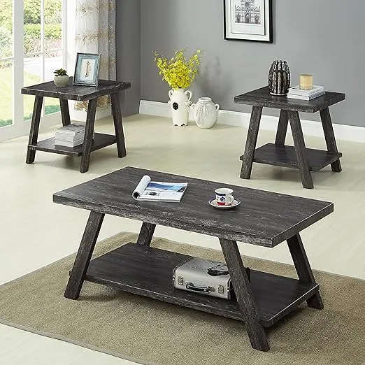 Roundhill Furniture Athens Contemporary 3-Piece Wood Shelf Coffee Table Set, Charcoal