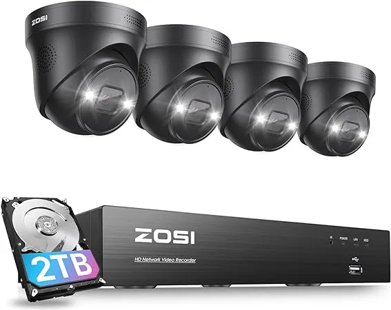 ZOSI 4K PoE Security Camera System with Spotlight,8 Ports 16CH 8MP NVR with 2TB HDD,4pcs 4K Wired Outdoor Indoor PoE IP Cameras,Person Vehicle Detection,2 Way Audio,Night Vision,for 24/7 Recording