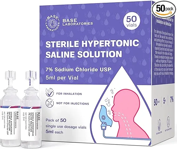 Base Labs 7% Hypertonic Saline Solution for Nebulizer Machine | Sterile Saline Solution for Inhalation| Helps with Respiratory Treatments, Clears Lungs, Mucus & Congestion l 50 Vials 5ml Unit DoseBase Labs 7% Hypertonic Saline Solution for Nebulizer…