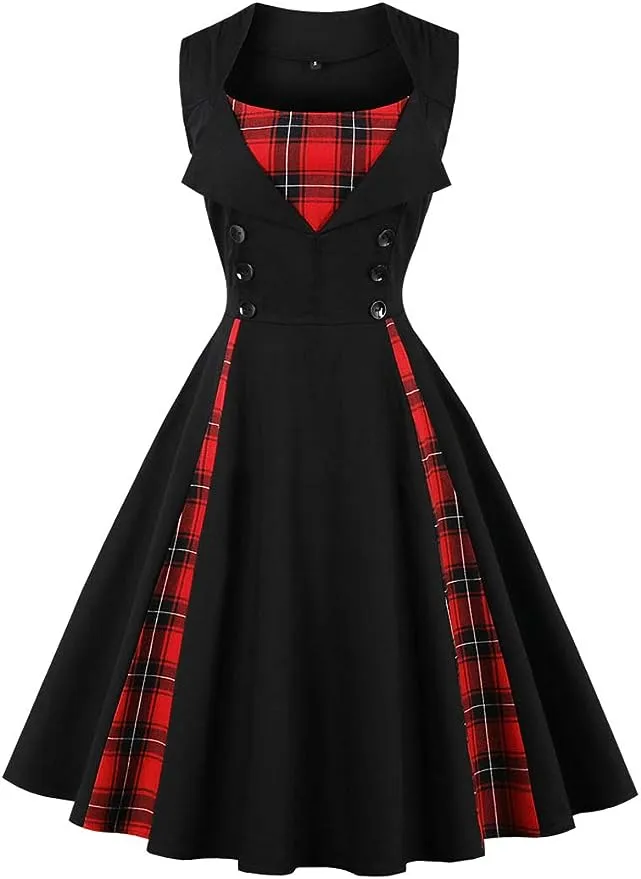 KILLREAL Women's 1950s Style Retro Vintage Rockabilly Dress with Plaid Patchwork ...