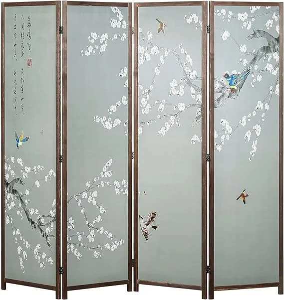 Asian-Inspired Bamboo-Screen 4-Panel Room Divider with Cherry Blossom Scene