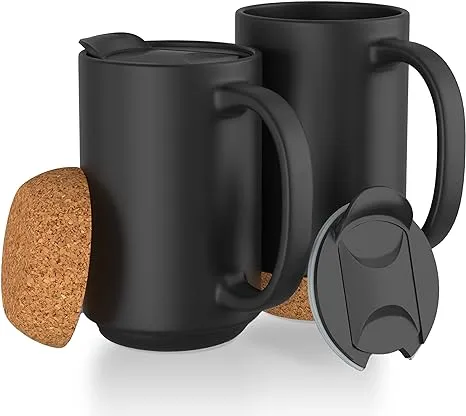 Extra Large Ceramic Coffee Mug w/Lid and Cork Coaster Bottom - 17oz Slideproof Coffee Cups w/Handle and Sip and Cover Lid - Set of 2 Dishwasher Safe Ceramic Travel Mugs - Reusable Black Insulated Cup