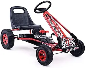 HONEY JOY Go Kart for Kids, 4 Wheel Quad Off-Road Pedal On Foot Go Cart w/Steering Wheels & Adjustable Seat, 2 Safety Brakes, EVA Tires, Clutch, Outdoor Racer Ride On Pedal Car (Red)