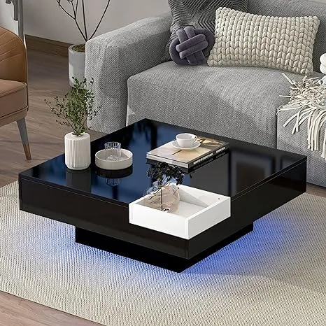 Black LED Coffee Table Cocktail Table with Detachable Tray, Square Coffee Table Modern Centre Table with Lighting for Living Room, 16 Colors RGB with a Remote Control