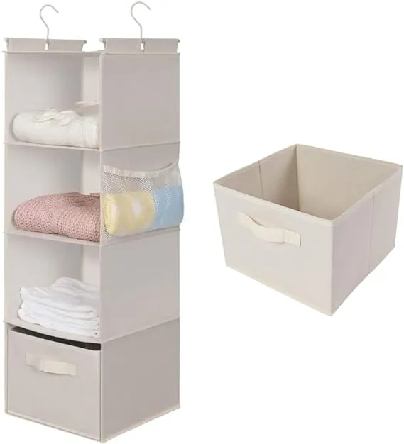  4-Shelf Hanging Closet Organizer, Space Saver, Cloth Hanging Shelves Beige