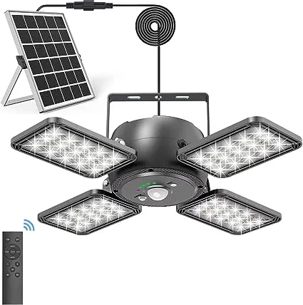 Solar Shed Light Indoor Outdoor 1200lm 144Led Pendant Light, Motion Sensor with Upgrade 5 Lighting Modes & Remote Control 4-Leaf 120°Adjustable A04