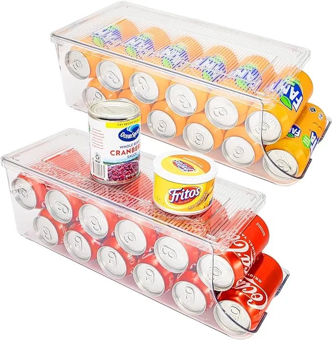 Set of 2 Stackable Refrigerator Organizer Bins Pop Soda Can Dispenser Beverage Holder for Fridge, Freezer, Kitchen, Countertops, Cabinets - Clear Plastic Canned Food Pantry Storage Rack Holds 12 Cans