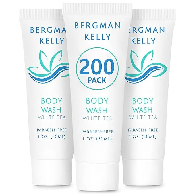 Bergman Kelly Travel Size Body Wash 1 fl oz, 100 PK, White Tea, Delight Your Guests with A Revitalizing and Refreshing Hotel Body Wash, Quality Mini