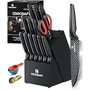 COOCRAFT Knife Set, Kitchen Knife Set Knife Sets for Kitchen with Block and Built-in Sharpener, 24PC Block Knife Set with 6 Steak Knives and 9 Measuring Spoons, Black