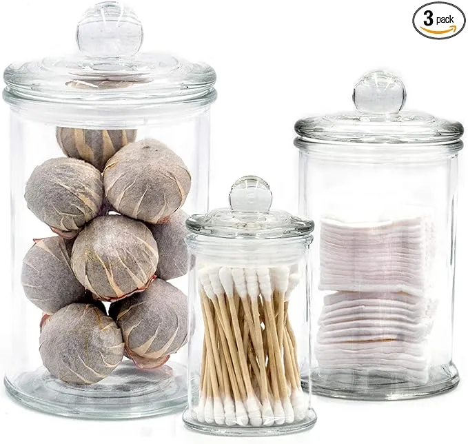 Easeen Mini Glass Apothecary Jars, Bathroom Storage Organizer Canisters for Cotton Swabs, Cotton Balls, Makeup Sponges, Bath Salts, Hair Ties, Makeup - Set of 3Easeen Mini Glass Apothecary Jars, Bathroom Storage Org…