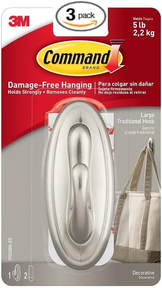 Command Traditional Large Plastic Hooks, Brushed Nickel, 3-Hook