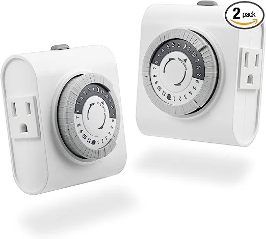 GE 24-Hour Heavy-Duty Indoor Plug-in Mechanical Timer, 2 Pack, 2 Grounded Outlets, 30-Minute Intervals, Daily ON/OFF Cycle, Lamps, Seasonal, Christmas Tree Lights, Holiday Decorations, 46211