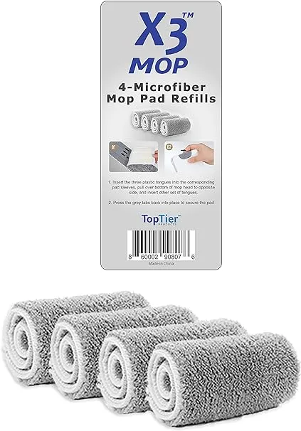 X3 Mop Replacement Microfiber Cleaning Pads, 4 Pack of Reusable Flat Mop Heads (Pads fit Original X3 Mop Only)