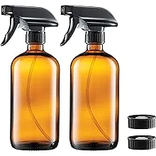 Empty Amber Glass Spray Bottles - 2 Pack - Each Large 16oz Refillable Bottle is Great for Essential Oils, Plants, Cleaning Solutions, Hair Mister - Durable Nozzle w/Fine Mist and Stream Setting