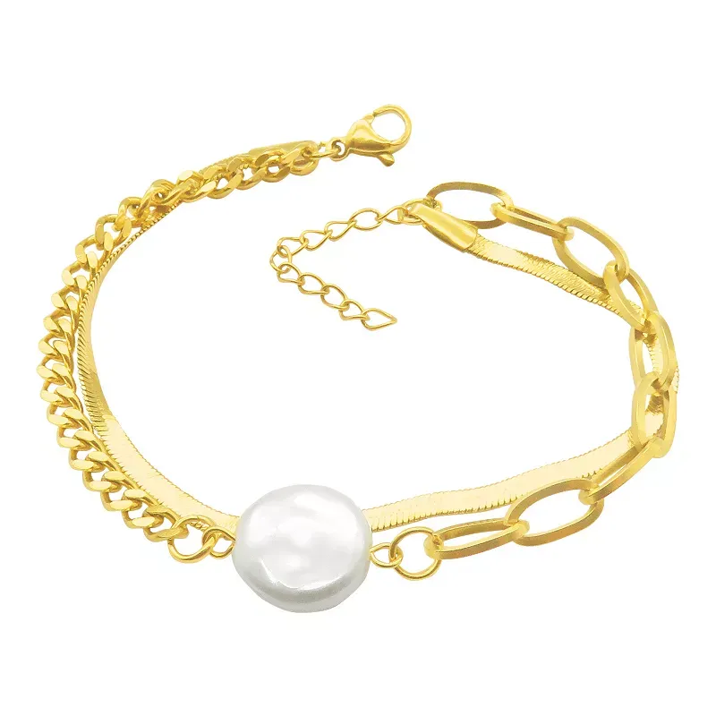 Adornia 14k Gold Plated Stainless Steel Mixed Chain Freshwater Cultured Pearl Bracelet