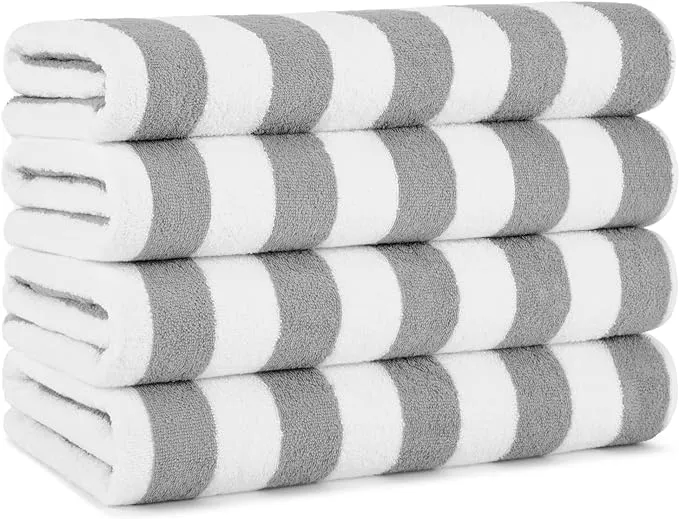 Arkwright California Cabana Stripe Beach Towel - Pack of 4 - Large Soft Quick Dry Cotton Terry Towels Set for Pool, Swim, and Hot Tub, Oversized 30 x 70 in, Grey