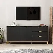 FUFU&GAGA 62.9 in. Wood Black TV Stand Entertainment Center with Storage Cabinet and 3-Drawers Fits TV's Up to 70 in.