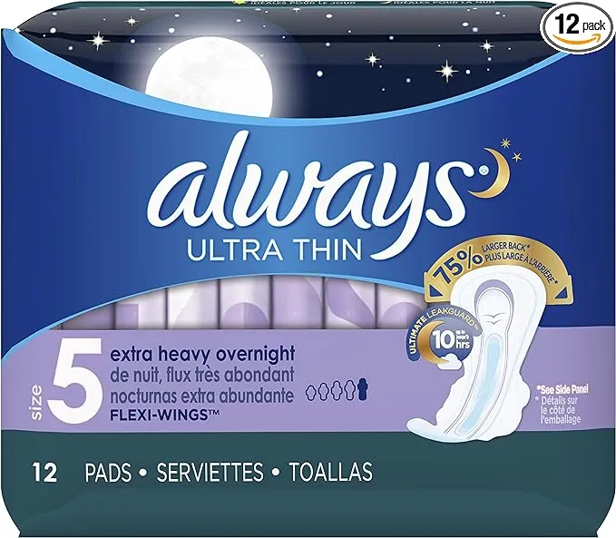 Always Pads Size 5 Ultra Thin 12 Count Xtra-Heavy Overnight