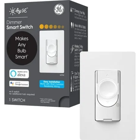 GE Lighting CYNC Smart Dimmer Light Switch, No Neutral Wire Required, Bluetooth and 2.4 GHz Wi-Fi 3-Wire Switch, Works with Alexa and Google Home, White