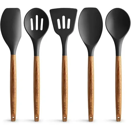 Silicone Utensils Set - 5 Piece with Acacia Wood Handles Black