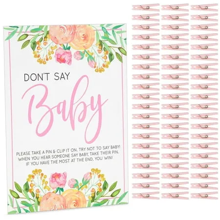 Floral Baby Shower Clothespin Game For Girl, Don't Say Baby Theme with 60 Pink Clothes Pins and 8x10-Inch Sign