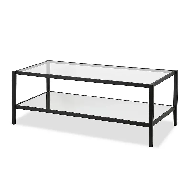 Henn&Hart 45" Wide Rectangular Coffee Table with Glass Shelf in Antique Brass, Coffee Table coffee tables for living room, studio apartment essentials