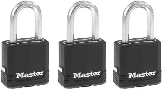 Master Lock Outdoor Key Lock, Heavy Duty Weatherproof Padlock with Cover, Keyed Alike Padlocks for Outdoor Use, 3 Pack, M115XTRILF, Black and Silver