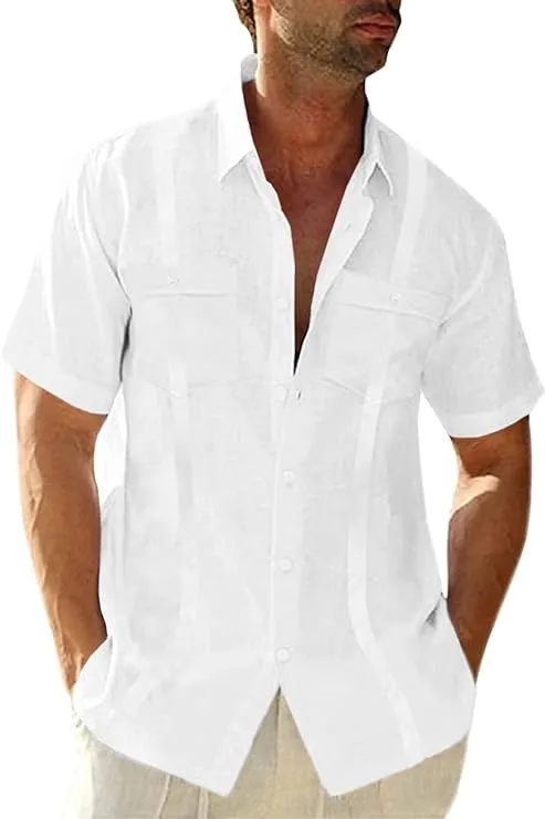 Mens Linen Guayabera Shirt Short Sleeve Button Down Summer Beach Cuban Camp Shir