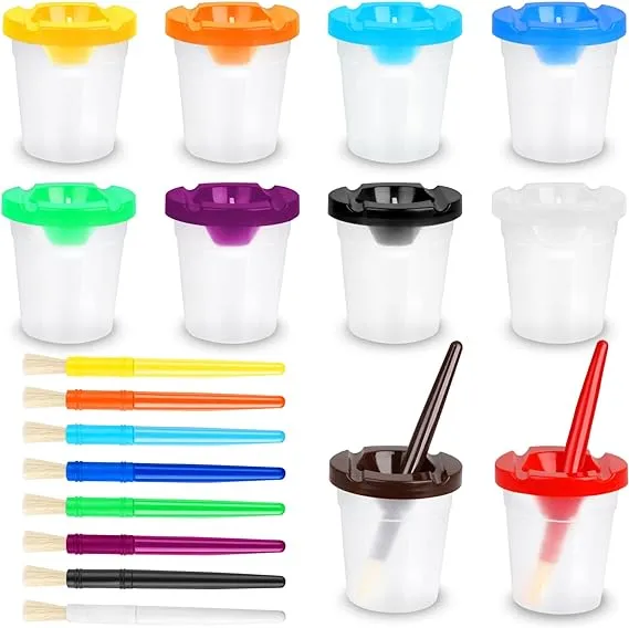 10 Piece Children&#039;S No Spill Paint Cups with Colored Lids and 10 Piece Large rou