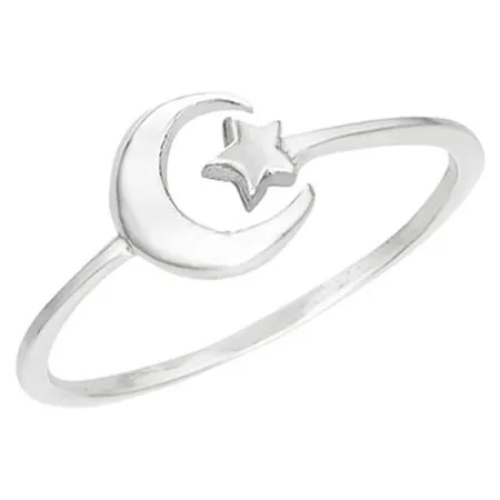 Adjustable Open Crescent Moon Star Ring .925 Sterling Silver Band Jewelry Female Male Unisex Size 5