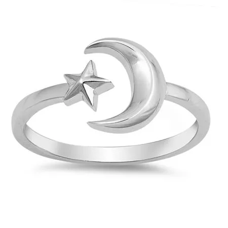 Open Crescent Moon Star Adjustable Ring .925 Sterling Silver Band Jewelry Female Male Unisex Size 8